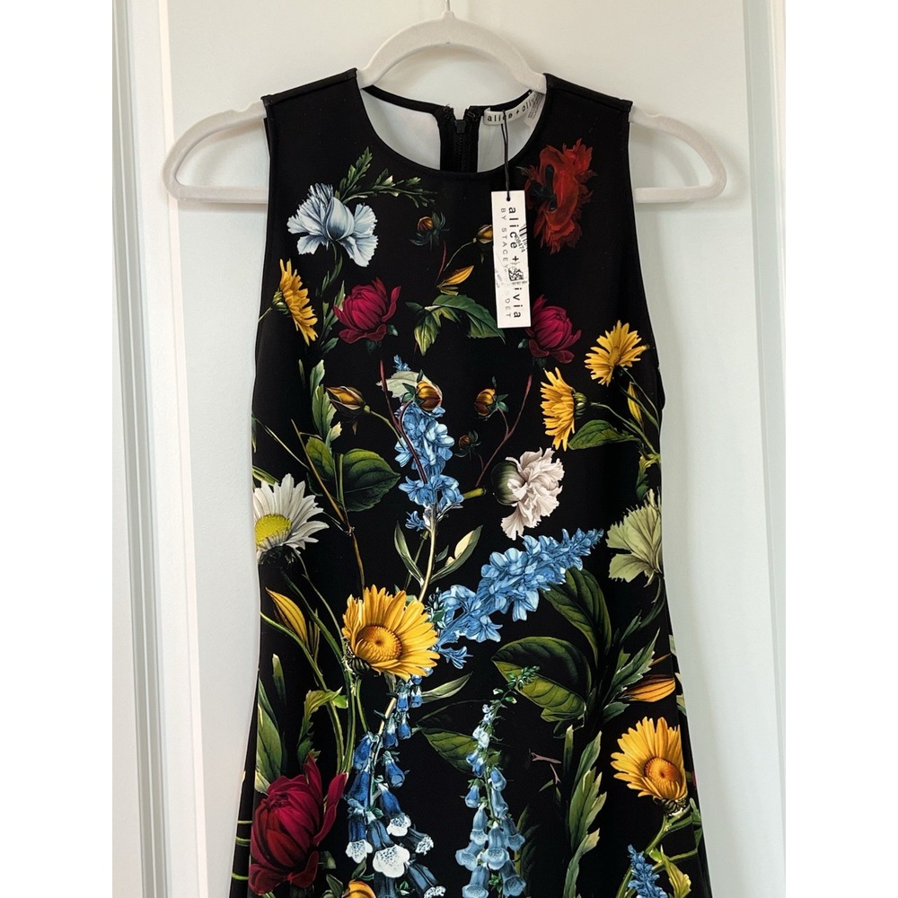 NWT Alice + Olivia Wynell A-line Mini Dress Black Floral Sleeveless Size 2 - Picture 4 of 13